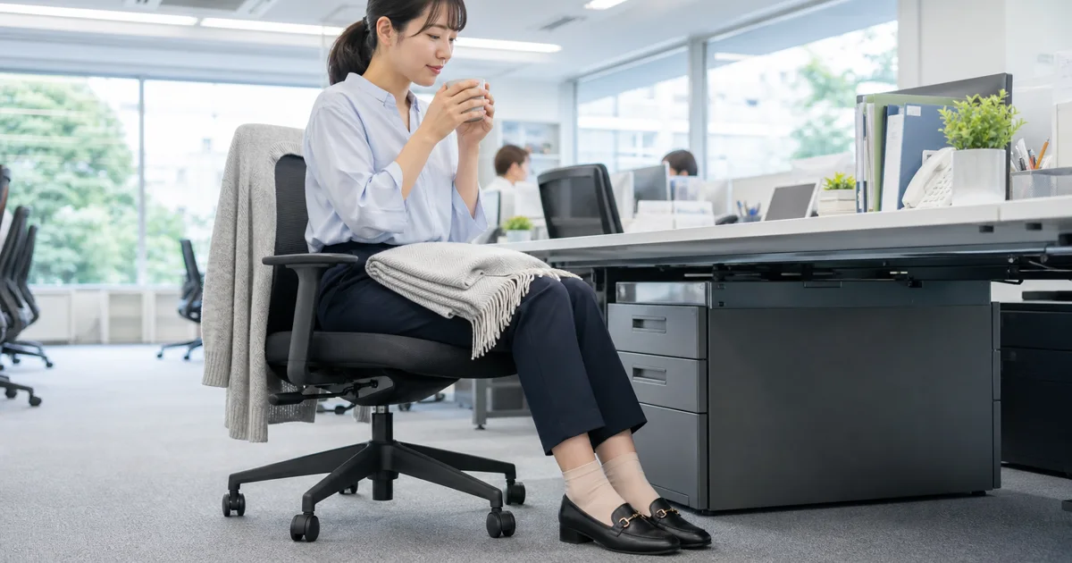 会社の冷房で足元だけ寒い日に薄手靴下とひざ掛けで調整する夏のオフィス服
