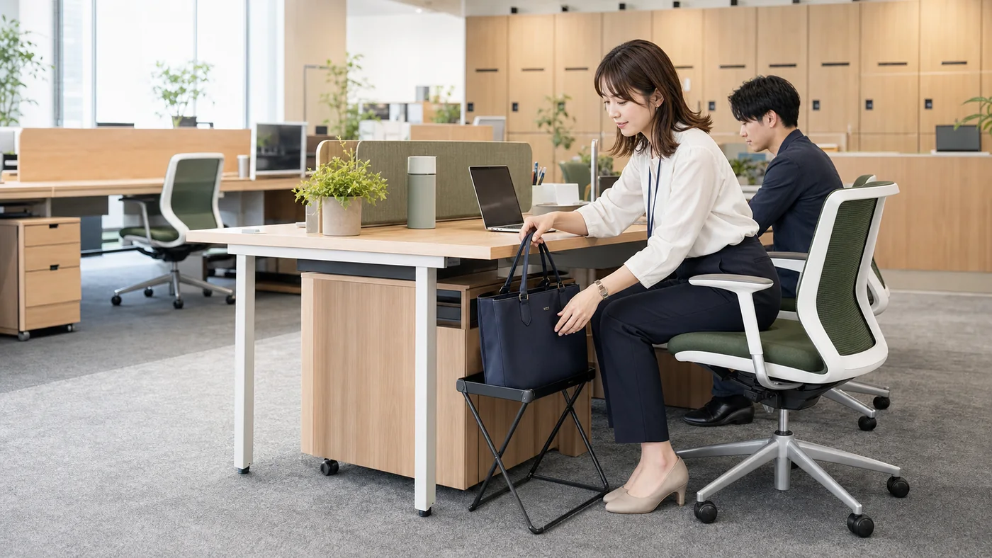 日本のオフィスで通路をふさがずデスクの内側にあるバッグスタンドへ通勤トートを置く会社員