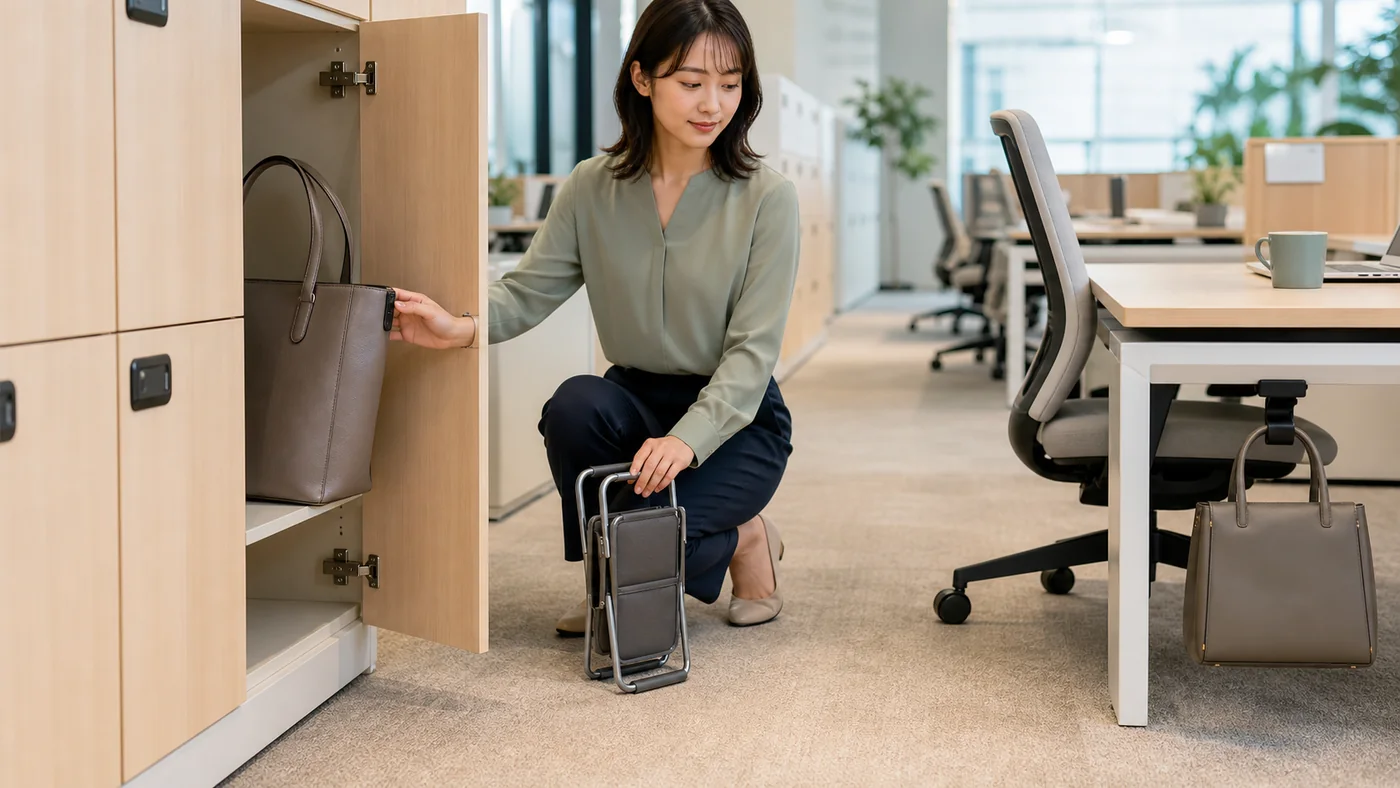 フリーアドレスの日本のオフィスでロッカーと折りたたみスタンドとデスクフックを使い分ける会社員