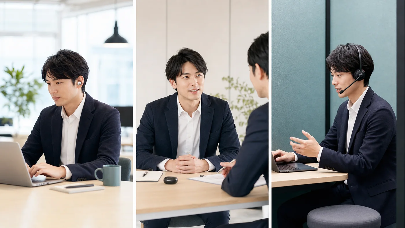 個人作業では片耳イヤホンを使い対面相談では外しWeb会議ではヘッドセットを使う日本の会社員