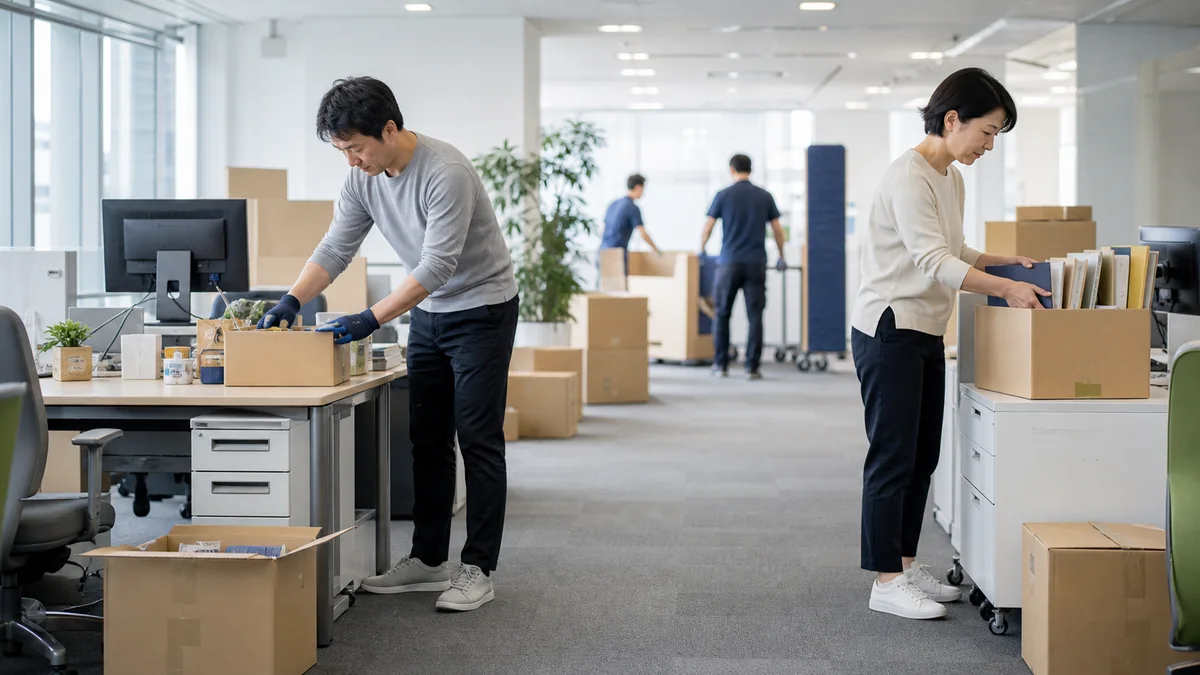 日本のオフィス移転で長袖と長ズボンとスニーカーを着用し自席の小物を箱詰めする社員