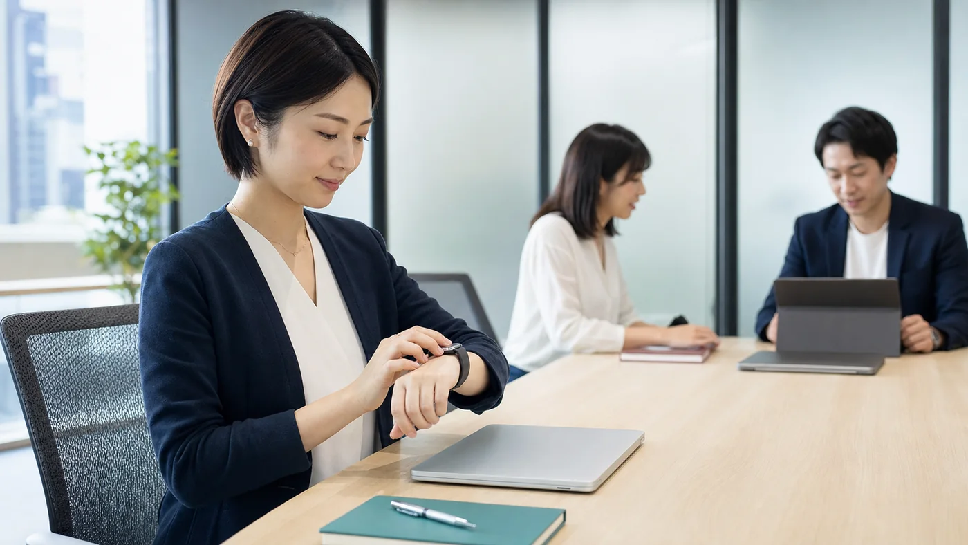 日本のオフィス会議前にスマートウォッチの通知を静かに設定する会社員