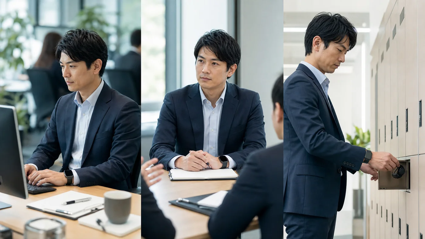 デスクワークと取引先会議と制限エリアでスマートウォッチを使い分ける日本の会社員