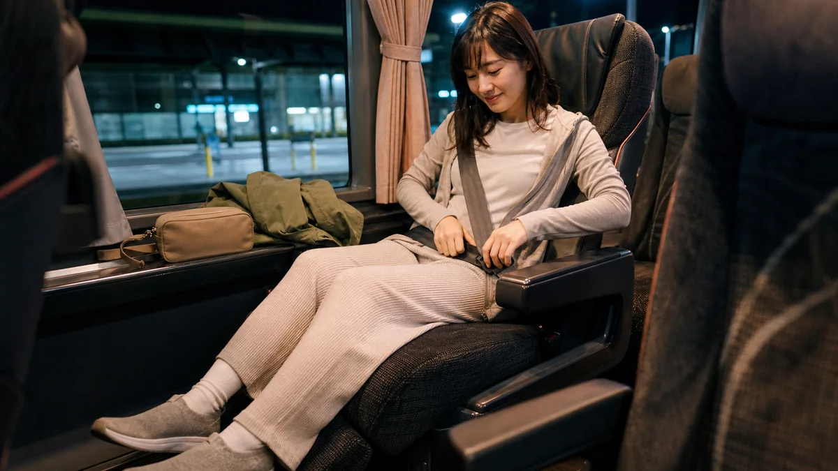 日本の夜行バスで長袖と長ズボンとスリッポンを着用しシートベルトを締める女性旅行者