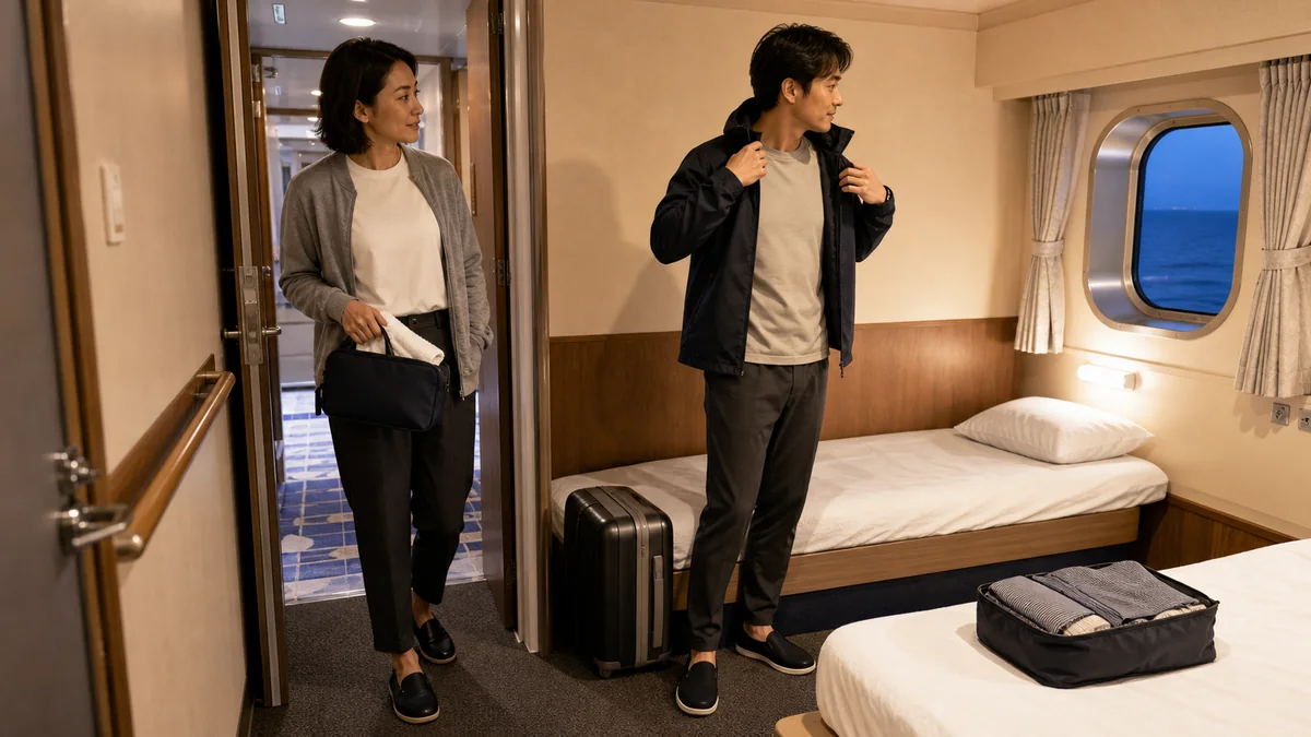 日本の夜行フェリー個室で、Tシャツ、前開きカーディガン、ゆとりある長ズボン、閉じた室内靴の旅行者が浴場ポーチを持ち、同行者がデッキ用防風ジャケットを重ねる様子