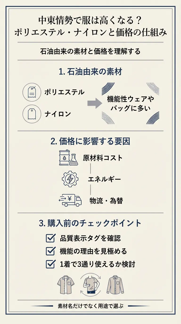 中東情勢と石油由来素材の関係、価格に影響する要因、購入前のチェックポイントをまとめたインフォグラフィック