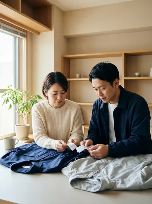 品質表示タグを見ながら、ポリエステルやナイロン素材の服を確認する日本の大人たち