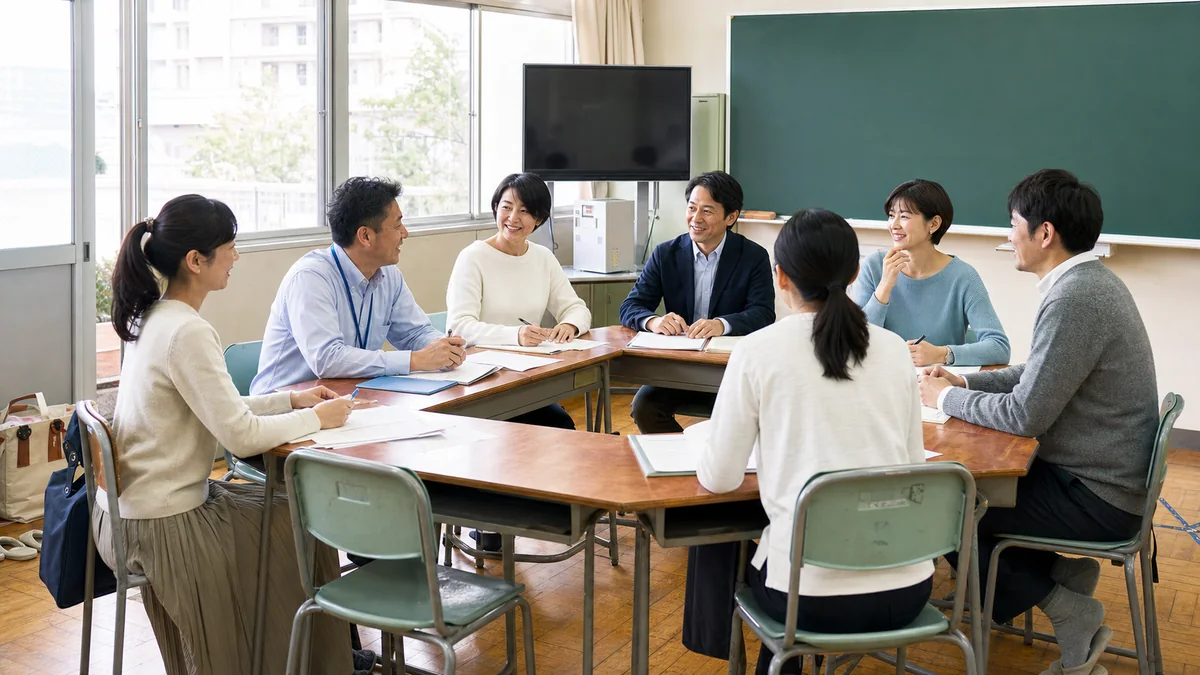 日本の学校の放課後に、カーディガン、襟付きシャツ、ニット、伸縮パンツ等の清潔な外出着でPTA役員会をする保護者と教員、挨拶役だけ柔らかなジャケットを着た様子