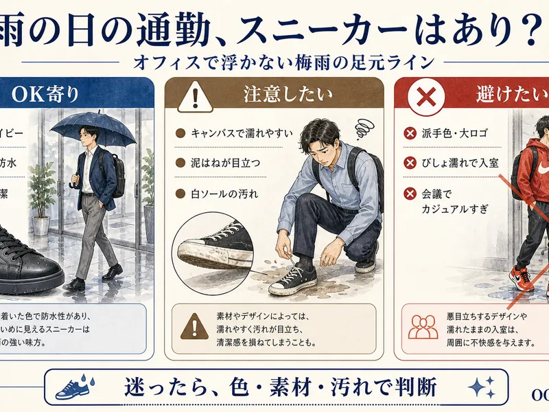 雨の日の通勤でスニーカーはありか、梅雨の足元ラインをまとめたインフォグラフィック
