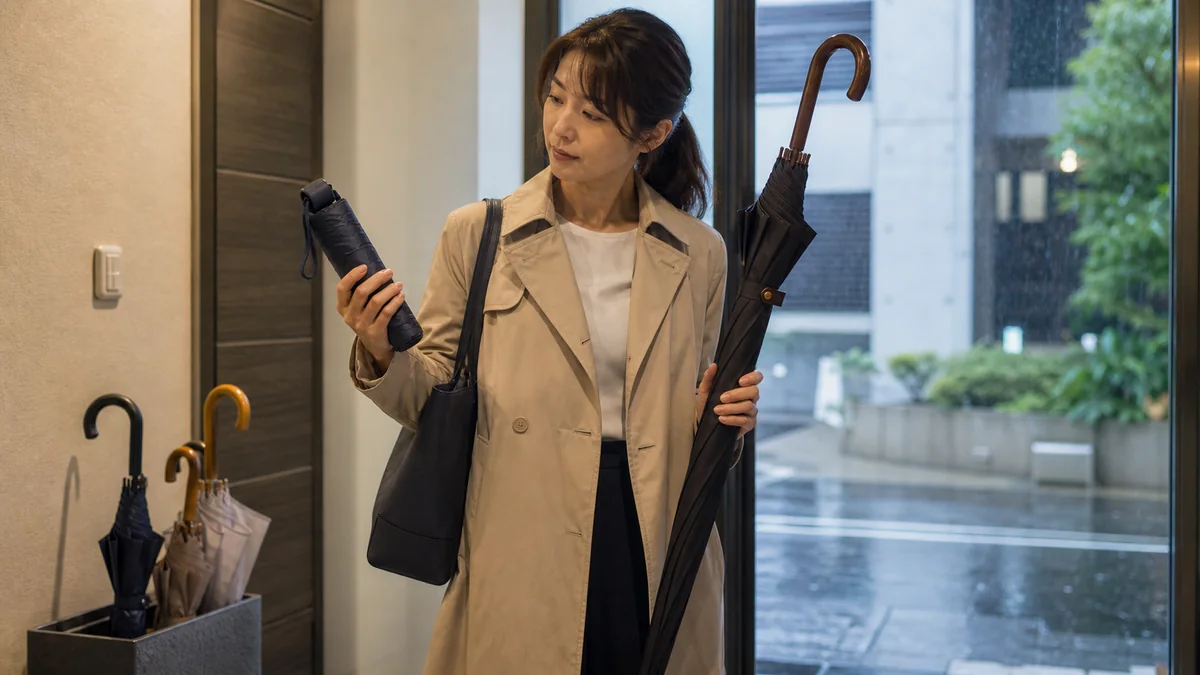 雨の日の玄関で軽量な折りたたみ傘と木製ハンドルの長傘を比較する通勤女性