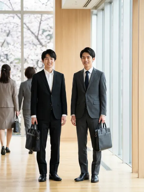 リクルートスーツと仕事用スーツの違いを見せる新社会人