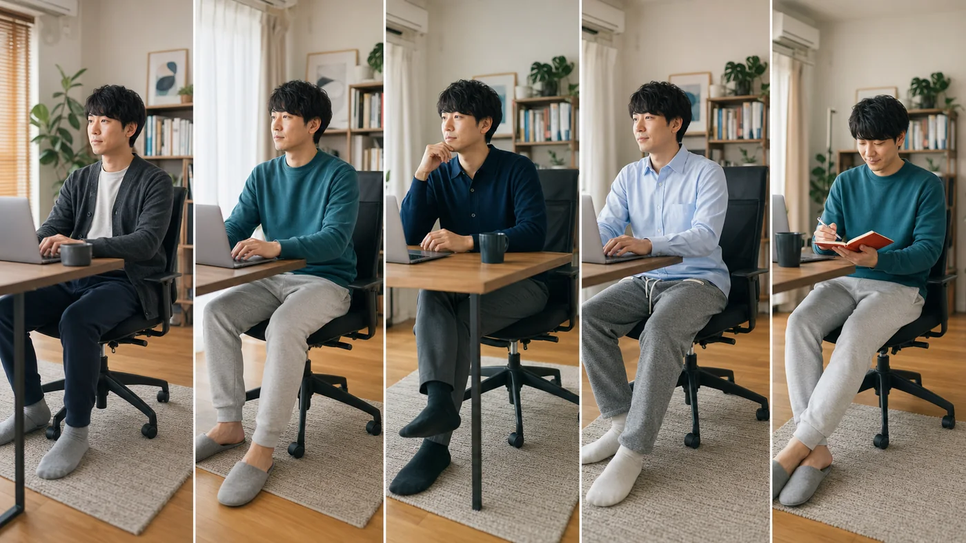 在宅勤務の普段着、全身ホームウェア、全身仕事用カジュアル、上だけ仕事服、再試行を5日間で比べる日本の会社員