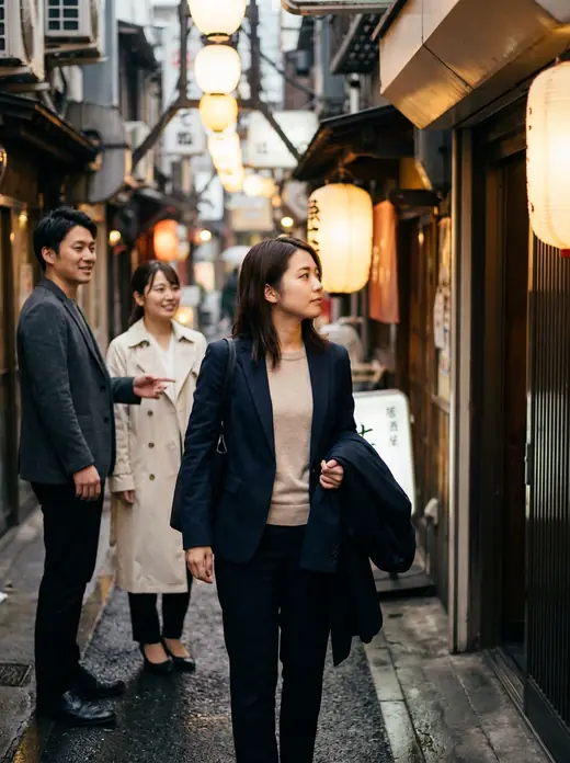 新入社員歓迎会の二次会へ向かいながら、ジャケットを脱ぐか迷う日本の若手社会人