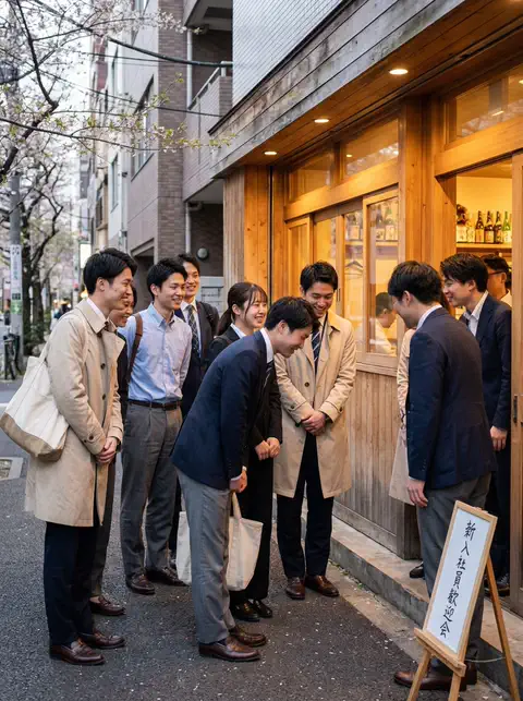 歓迎会会場に集まる新入社員と先輩たち