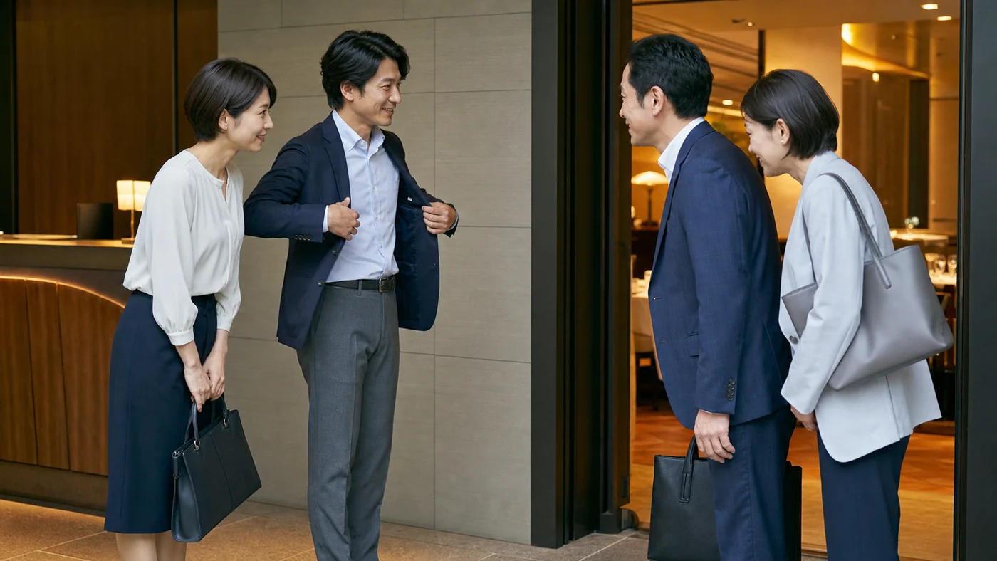 夏のホテルレストラン入口で取引先を迎える日本の会社員
