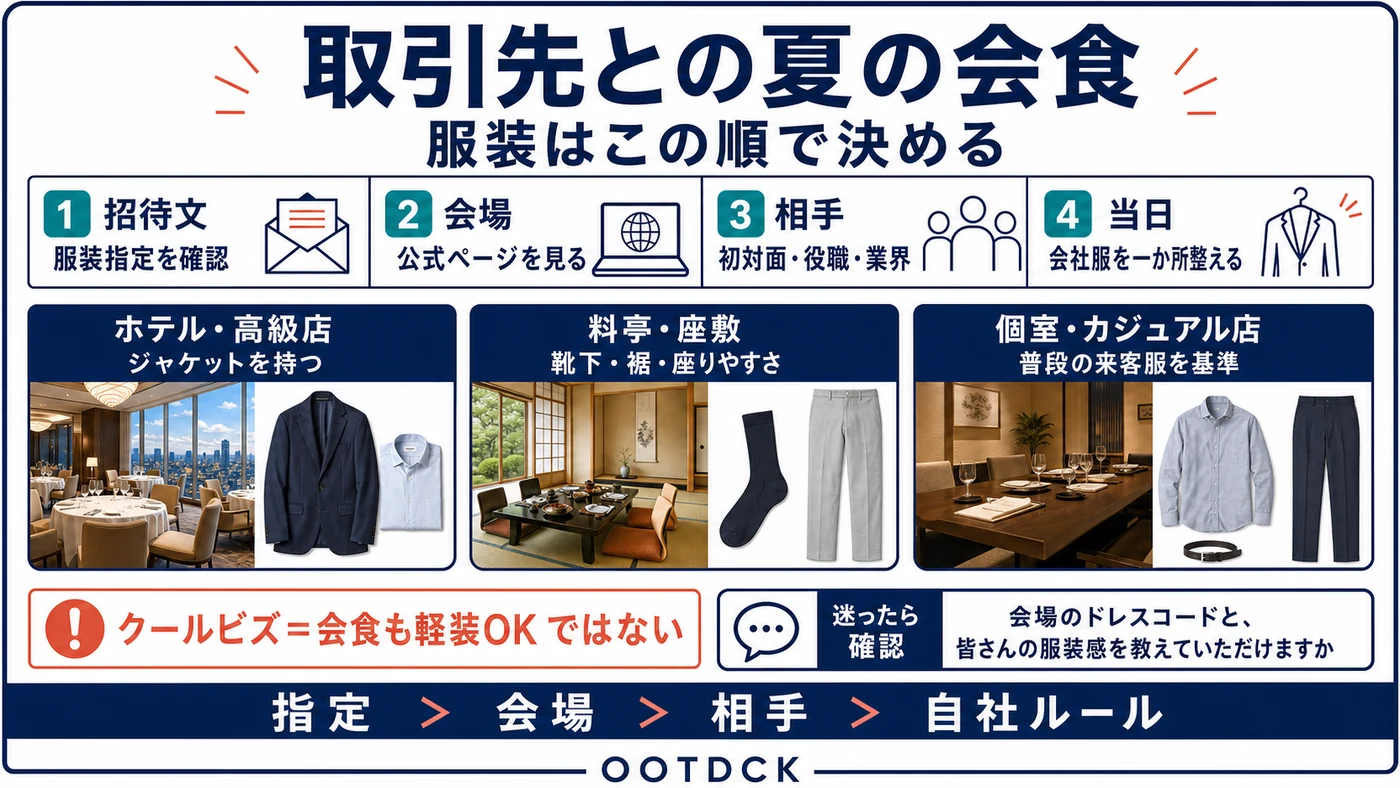 取引先との夏の会食服を招待文、会場、相手、当日の順で決める図