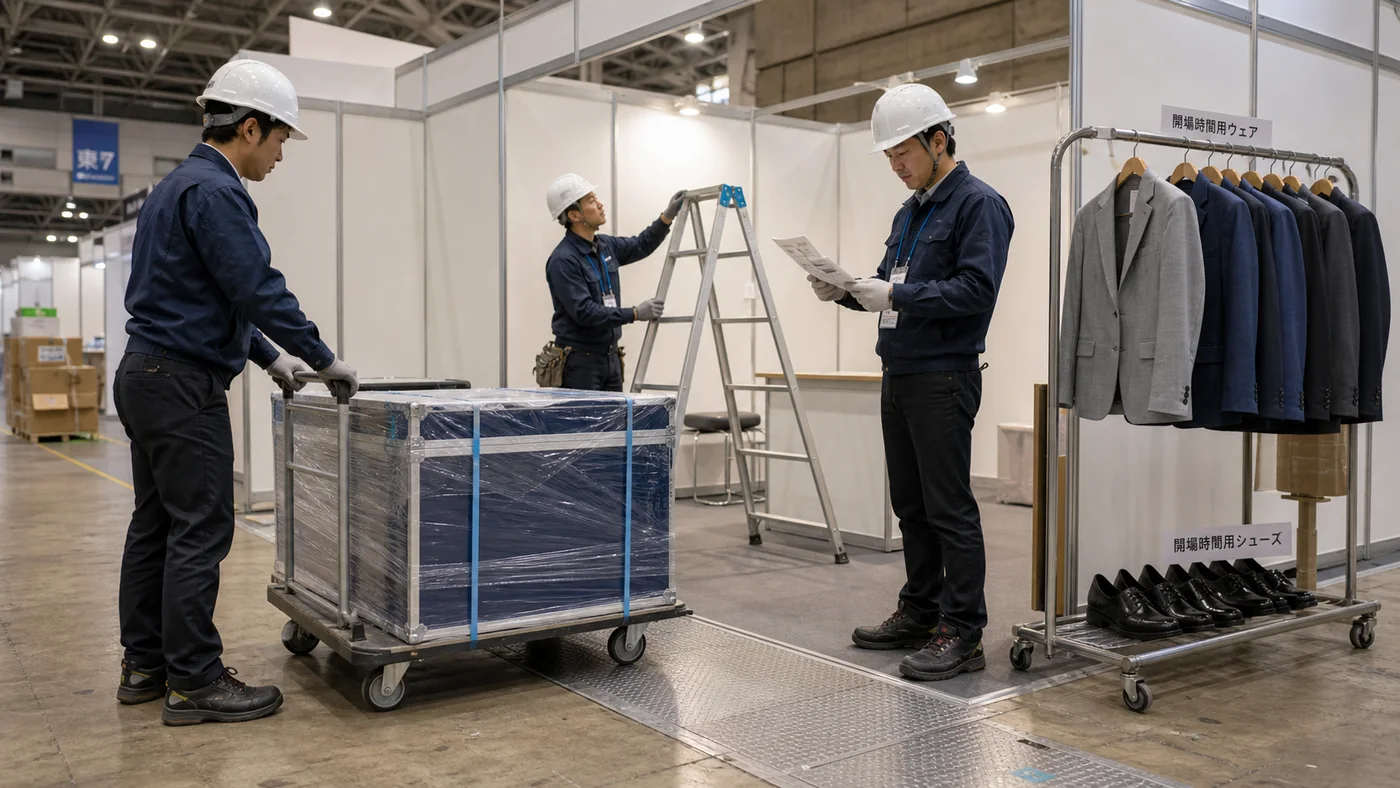 日本の展示場で、長袖・長ズボン・作業靴・ヘルメット・手袋を着用した出展スタッフが、固定した台車と脚立で安全に搬入し、開場用ジャケットと黒靴を別に保管する様子