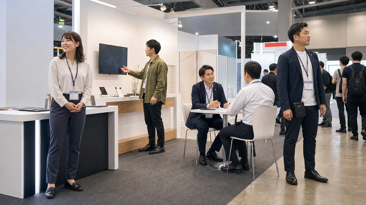日本のB2B展示会ブースで、受付、製品説明、着席商談、フロア管理を担当するスタッフが、出展者証、統一感のあるトップス、ストレッチジャケット、低く安定した黒靴で働く様子
