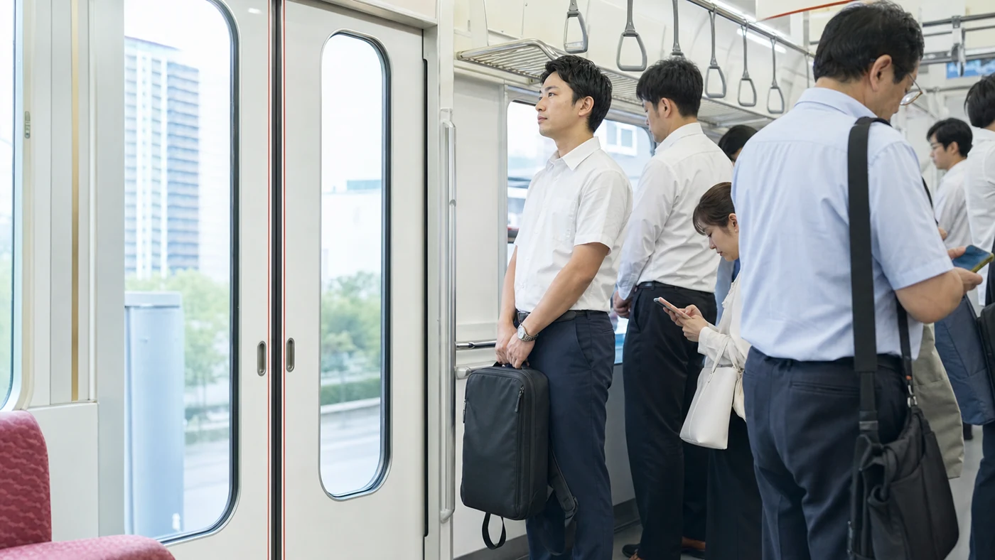 日本の通勤電車でビジネスリュックを背中から下ろし低い位置で持つ会社員