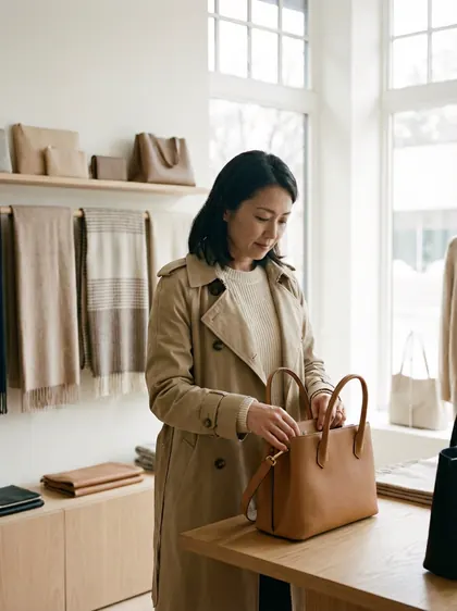 店内でレザーバッグを手に取り、状態を確かめる女性
