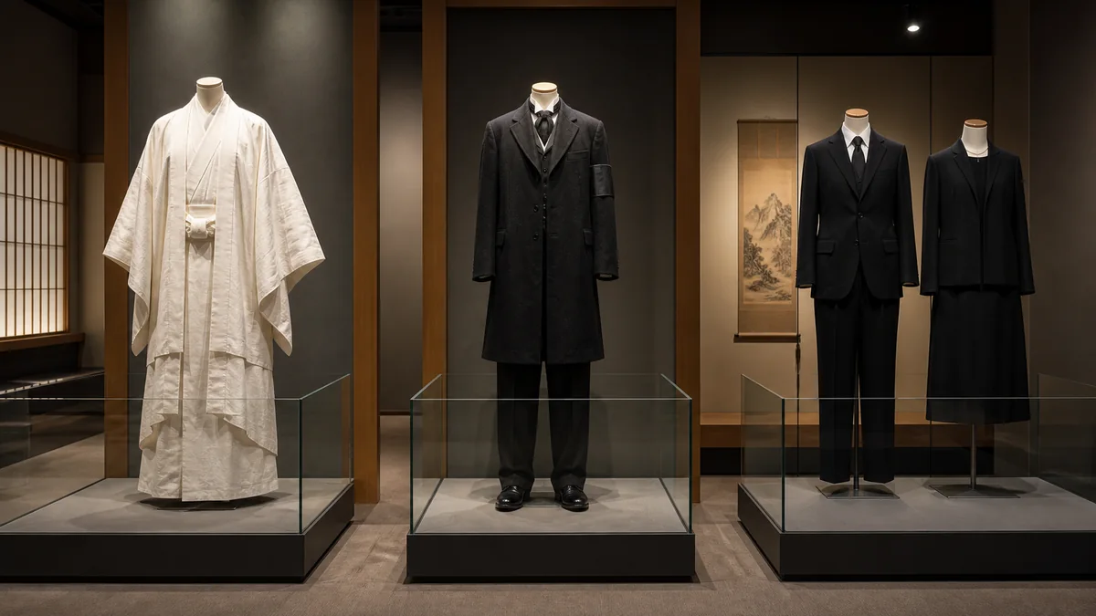 白い近世風喪服、明治期を想起させる黒い洋礼服、現代の黒いスーツとワンピースを並べた服装史展示イメージ