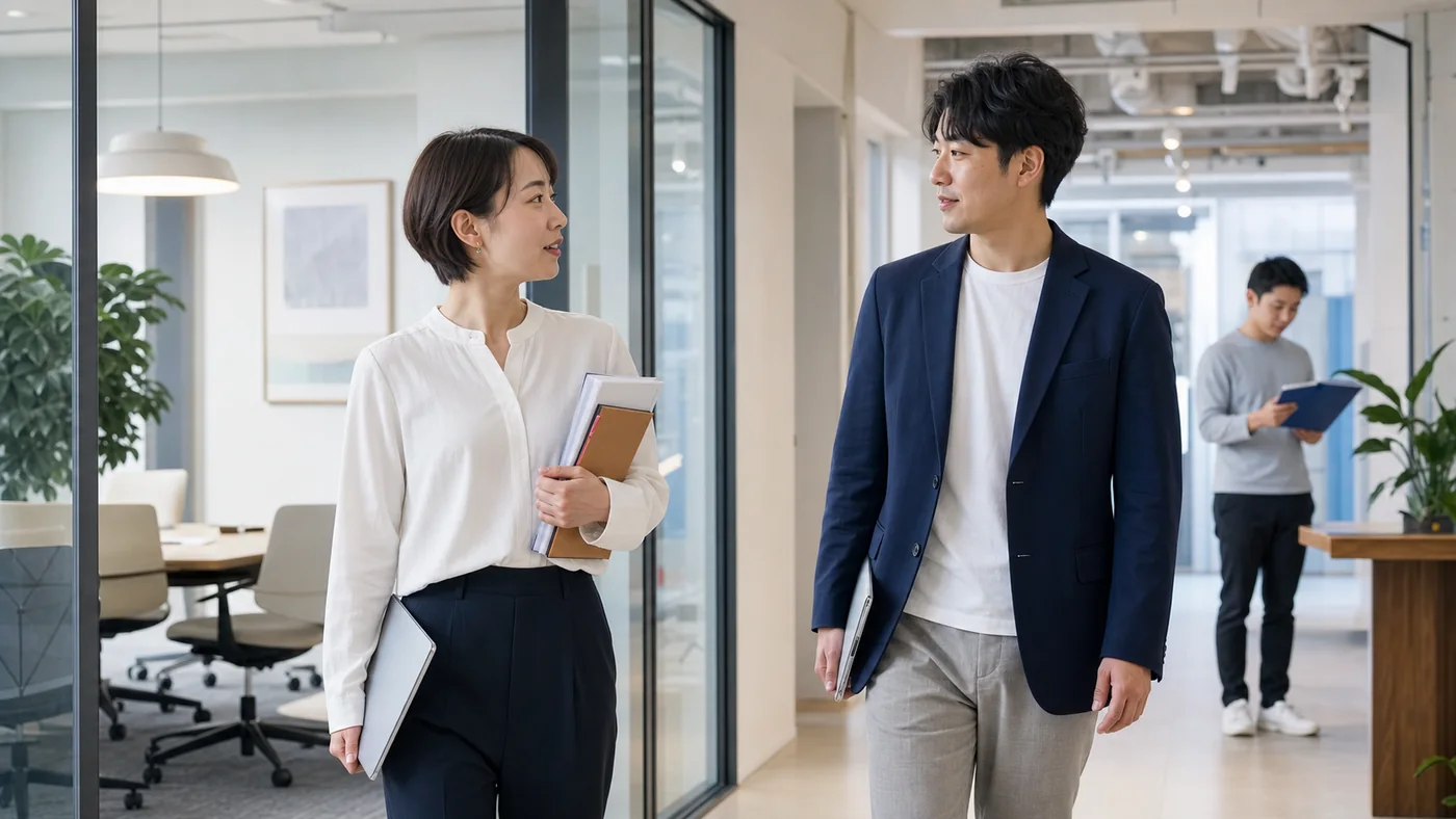 会議後のオフィスで互いの顔を見ながら自然な距離で短く会話する日本の会社員